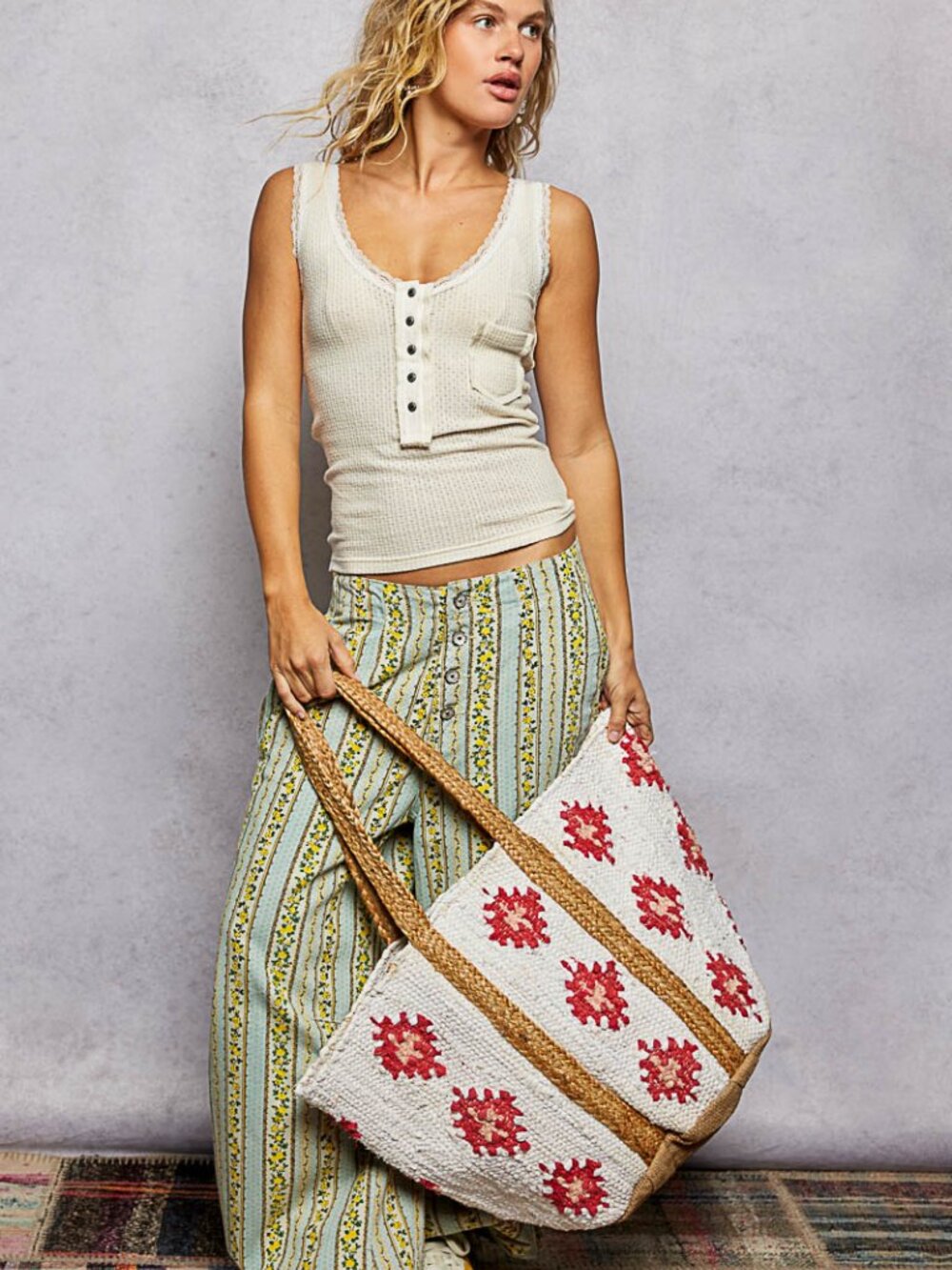 POL Ivory / Red Cotton Weave Tote Shoulder Bag Large Travel NWT